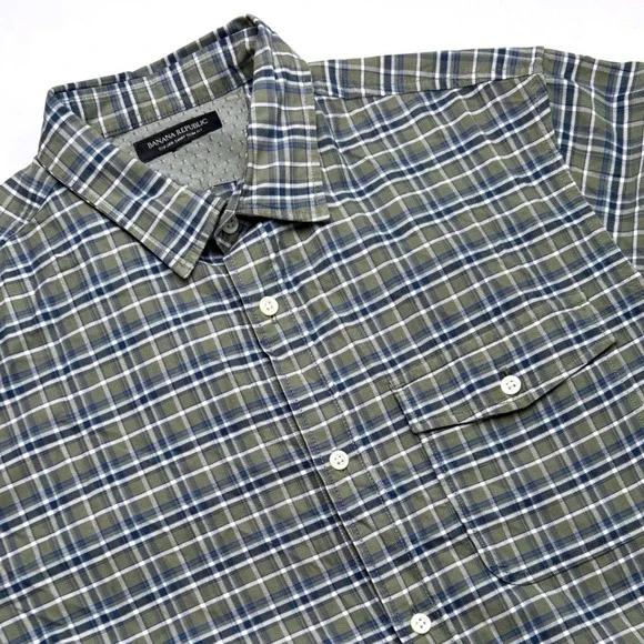 Banana Republic Mens Oxford Shirt Olive Green Size XL Slim Fit Plaid Button Down