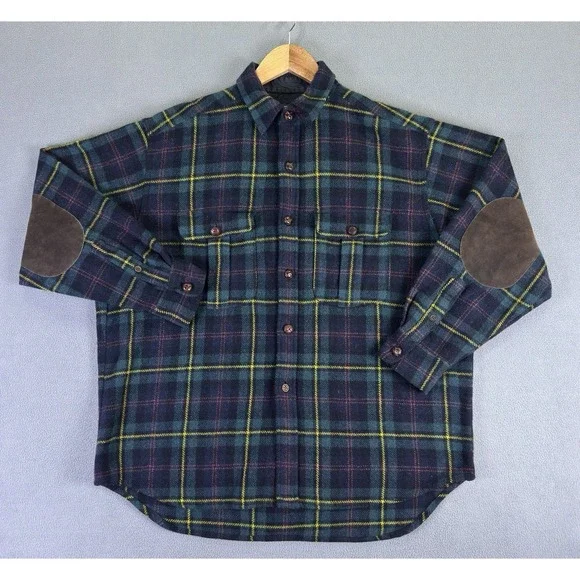 Banana Republic Cabinwear Shirt Medium Green Blue Leather Button Elbow Patch Vtg