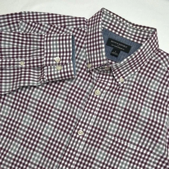Banana Republic Men Soft Wash Standard Fit Gingham Shirt Size L Black White