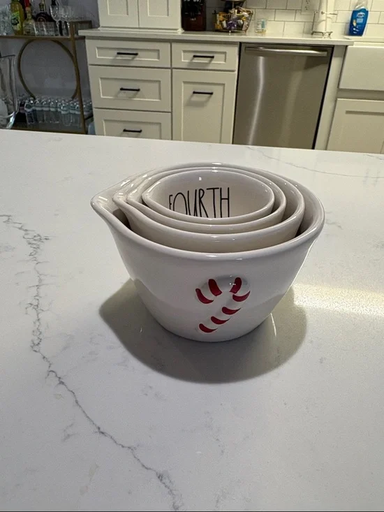 Rae Dunn White Ceramic Nesting Measuring Bowls with Red Candy Cane Accent