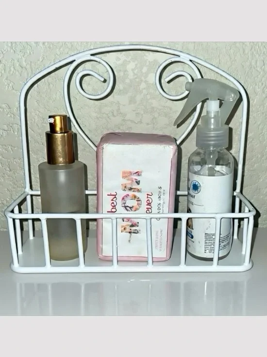 Vintage Shabby Chic Metal Heart Scroll Wicker Wall Organizer Shelf