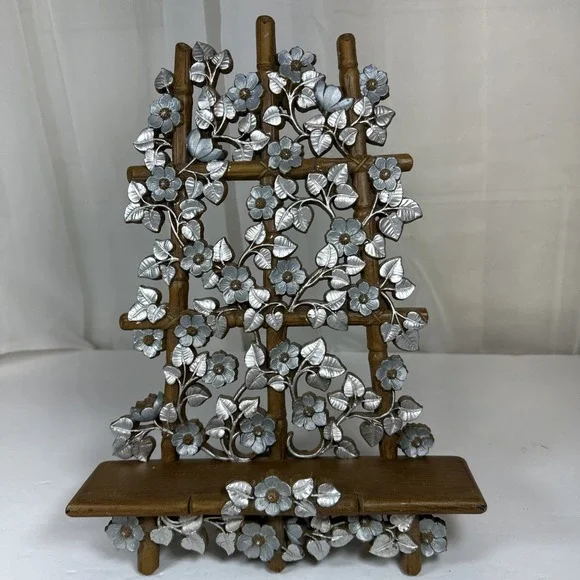 HOMCO Wall Shelf Hanging Faux Bamboo Wood Floral Trellis Boho 6067B 1984 Silver
