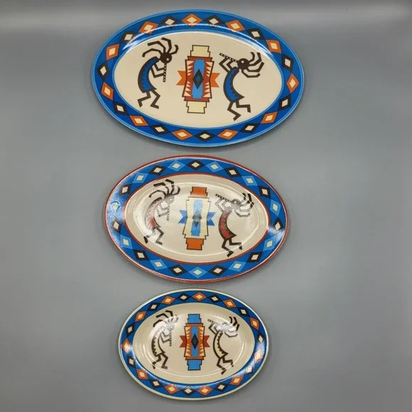 Kokopelli Decorative Plates Set of 3 Southwestern Oval Blue Orange Shelf Decor