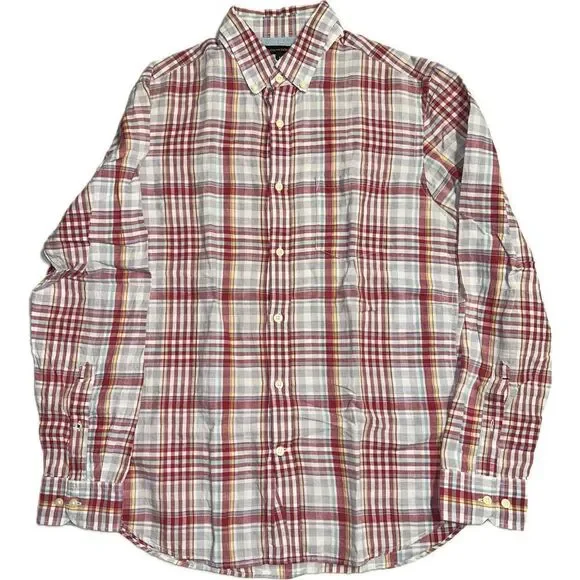 banana republic mens shirt medium plaid long‎ sleeve off white gray raspberry