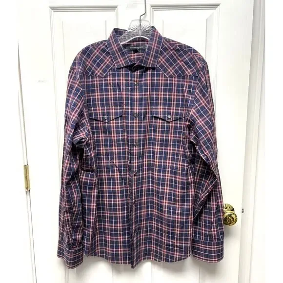 Banana Republic Shirt Western Snap Button Down Red Blue Plaid Slim Mens Size L