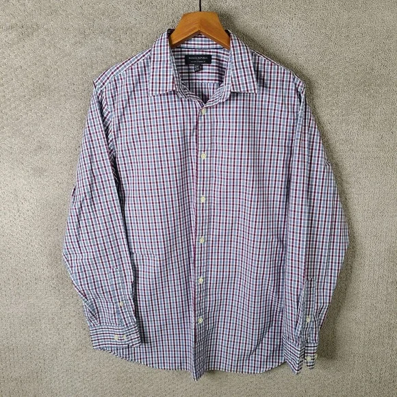 Banana Republic Shirt Mens L 34-35 Red White Blue Plaid Non‎ Iron Standard Fit
