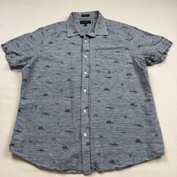 Banana Republic Mens XL Slim Fit Linen Cotton Shark Sailfish Print Shirt Blue