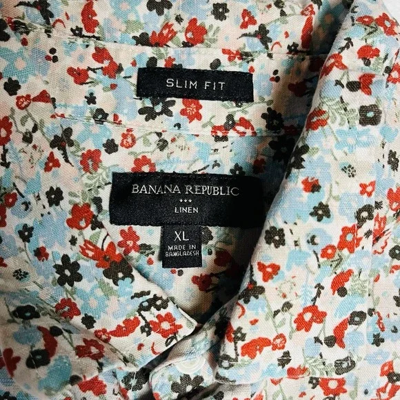 Banana Republic Slim Fit Floral Linen Short Sleeve Button-Down Shirt Size XL