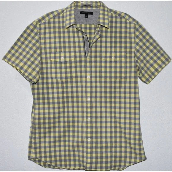 Banana Republic Shirt Mens Large Yellow/Gray Plaid Casual Button Up Short Sleeve
