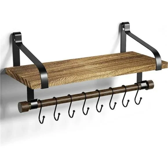 Floating Shelf Wall Shelf Rustic Wood with Towel Bar and 8 Removable Hooks
