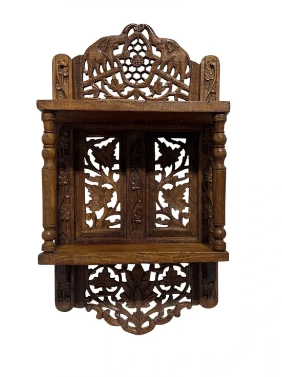 Vintage Carved Wood Elephant Wall Shelf Boho Indian Style Decor