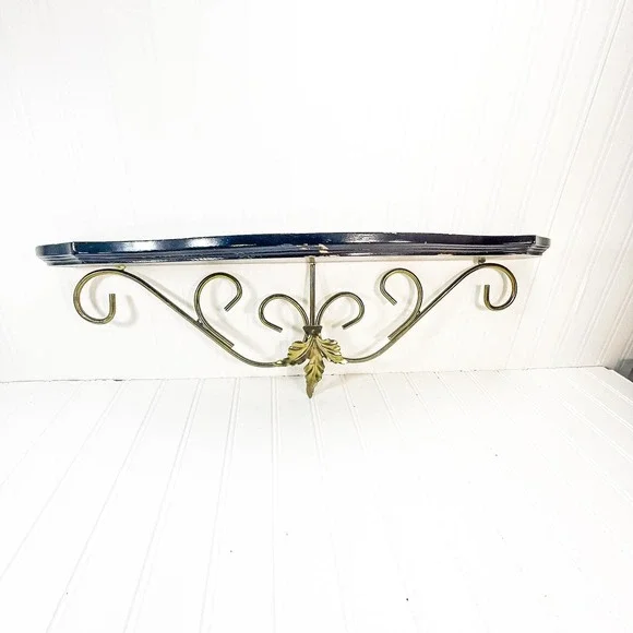 Midcentury Modern Wood Shelf with Brass Rail - Vintage MCM Trinket Shelf