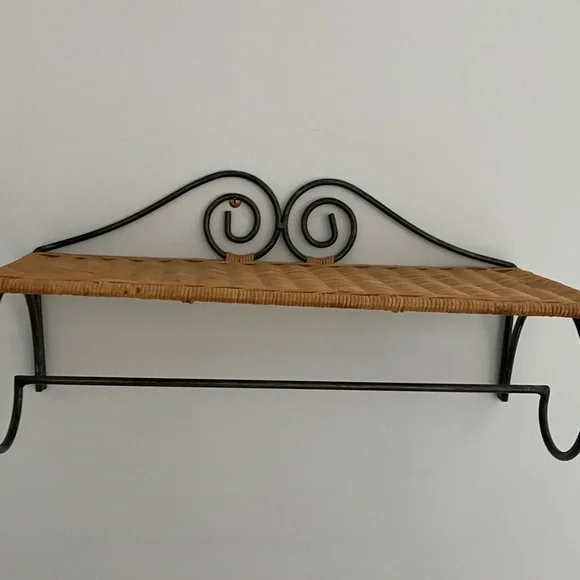 Wrought Iron and Wicker Wall Shelf With Hanging Bar, Ready To Hang
