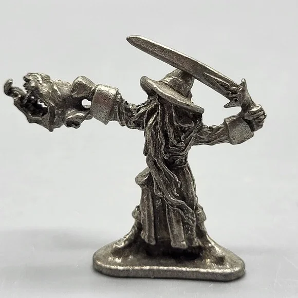 Vtg 1996 Signed Pewter Wizard Figurine Sword Dragon Shelf Decor 1.25