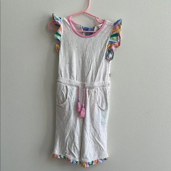 Matilda Jane Girls Speckled Rainbow Ruffle Jumpsuit Cream Size 2/4 Confetti Tie