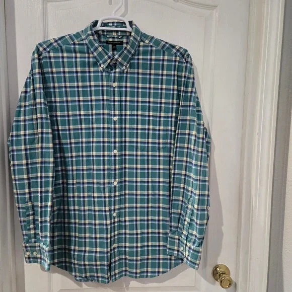 Banana Republic Button Down Shirt Mens XXL Teal Blue Plaid Excellent Cotton L/S