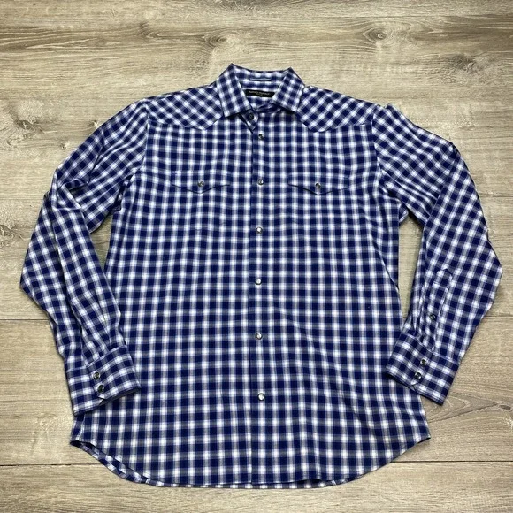 Banana Republic Shirt Mens M Blue Plaid Long Sleeve‎ Pearl Snap Slim Fit Western