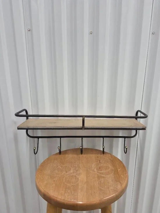 Metal And Wood 5 Hook Wall Shelf w/ Gold Accents 19