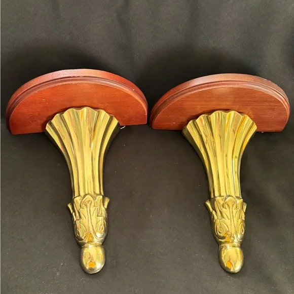 RARE Vintage Brass & Wood Shelves