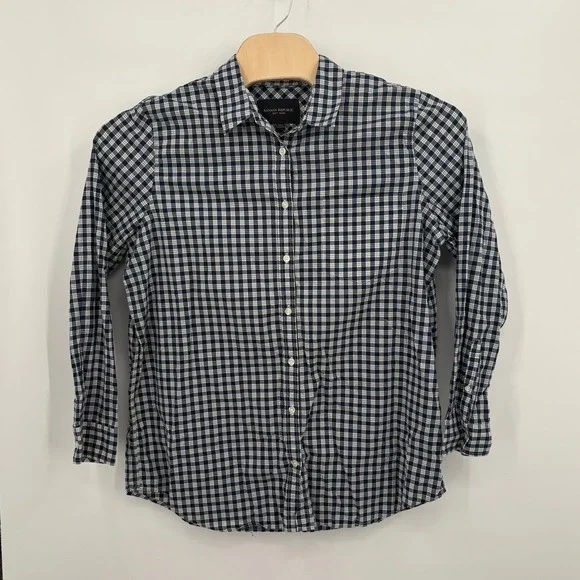 Banana Republic Soft Wash Navy Blue Gingham Check Cotton‎ Button Down Shirt XL