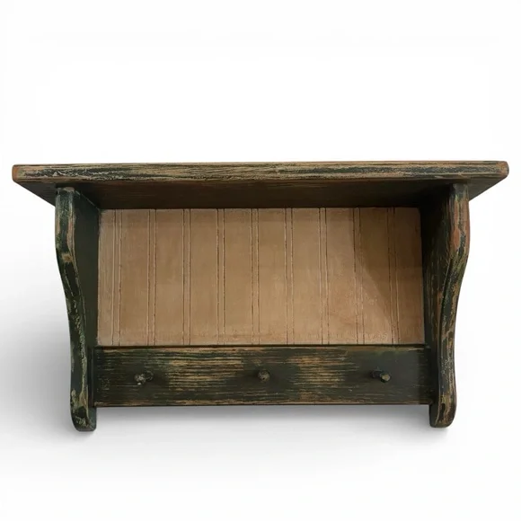 Distressed Painted Handmade Wood Beadboard Shelf with 3 Wood Pegs