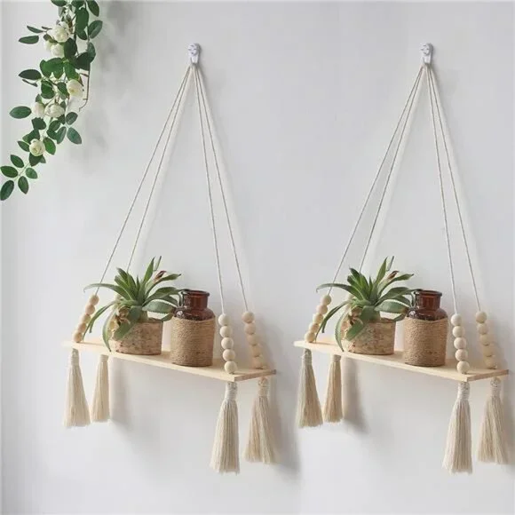 2 Pack Wooden Wall Hanging Shelves - Macrame Hanging Plant Shelf with Tassel
