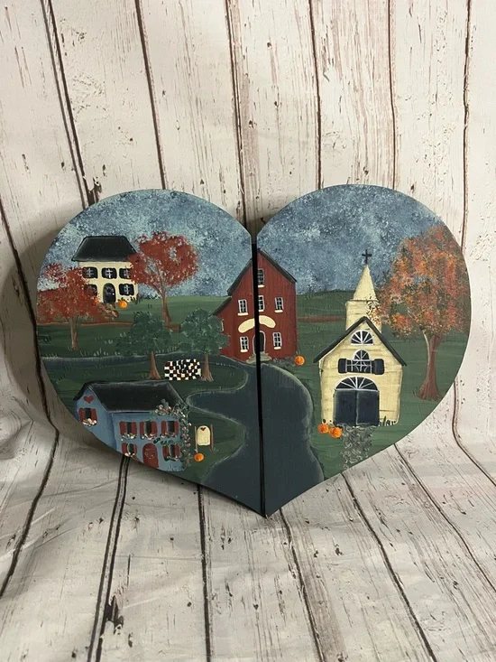 Wooden Blue Heart Wall Cabinet Hand-Painted Farmhouse