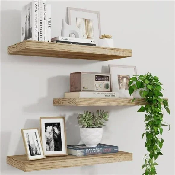 Rustic Wood Floating Shelves Set of 3 Wall Mounted Display for Living Room Bedro