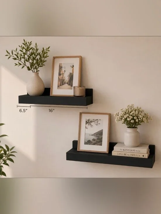 2 Black wood floating shelves nib picture ledge style, featuring a distinct fron