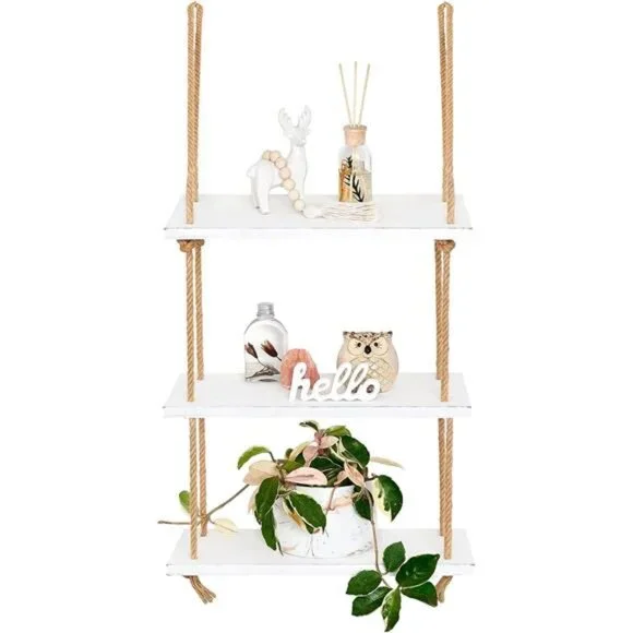 Hanging Shelves 3 Tier White Wood Wall Mount Floating Shelf with Rope Boho Decor