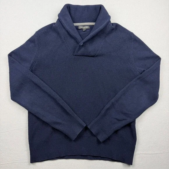 Banana Republic Mens M Italian Yarn Merino Wool Shawl Collar Navy Ribbed Sweater