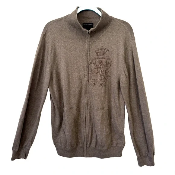 Banana Republic Sweater Jacket Mens Lightweight Full Zip Crest Brown L Preppy‎