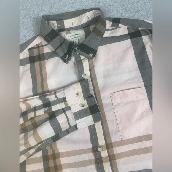 Banana Republic Shirt Mens Large Pink Gray Plaid Untucked Fit Long Sleeve Preppy