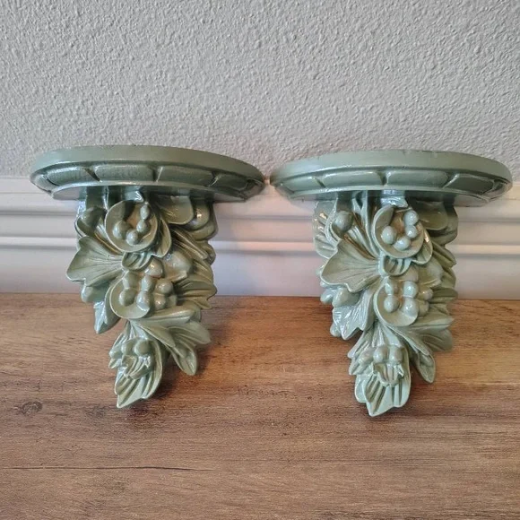 2 Resin Floral Botanical Sconce Shelves Wall Decor Ornate Shelf Pair Green