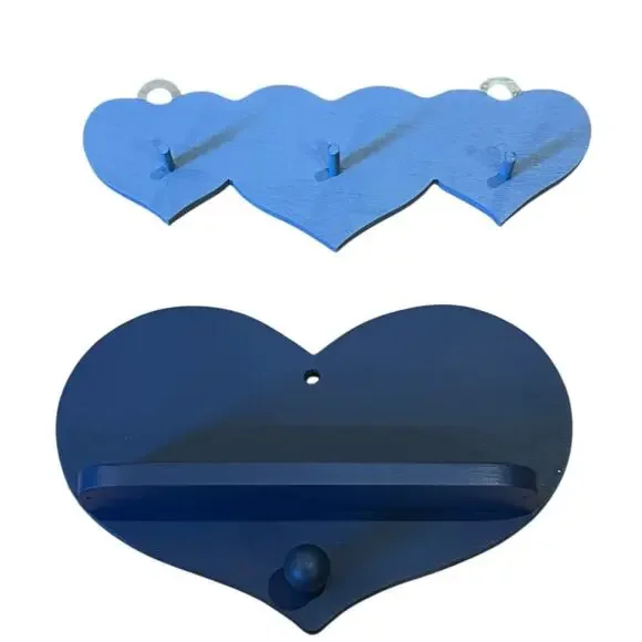 2 Mini Blue WWood Hearts Shelf With Hooks Pegs Country Cottage Granny