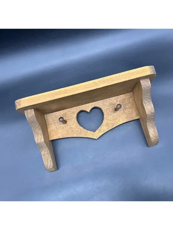 Vintage Wood Wall Shelf Heart Cutout Pegs Farmhouse Cottagecore Wall Hanging