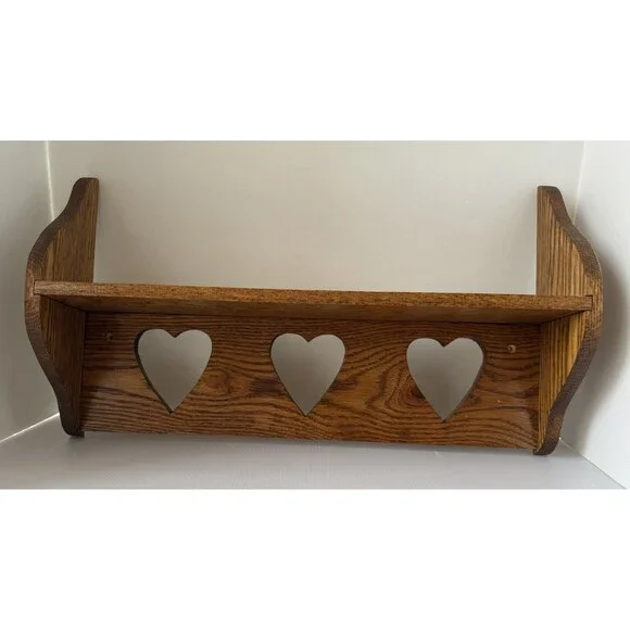 VTG Wood Wall Shelf Heart Cut Out Trinket Display 21” Handmade Cottage Farmhouse
