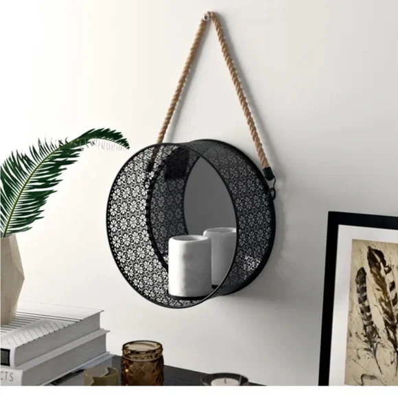 Elegant Black Wall Mirror with Rope Accent