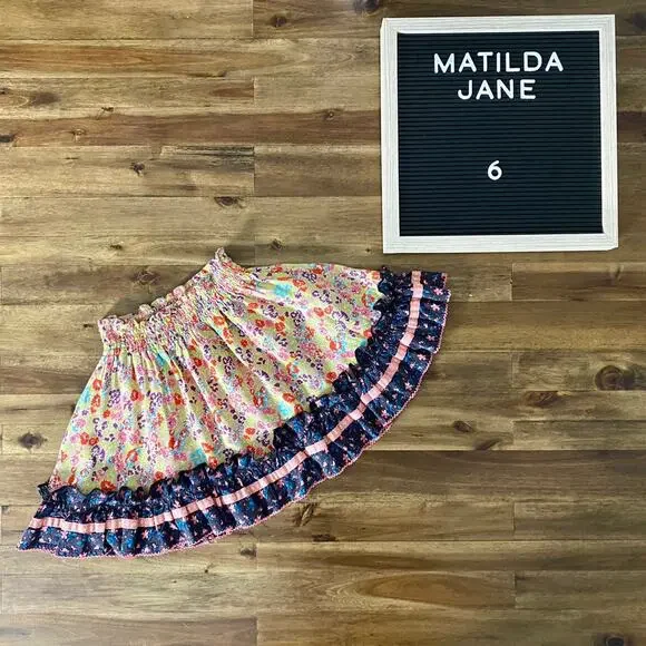 Matilda Jane Friends Forever Yellow Pink Blue Floral Ashton Ruffle Rayon Skirt 6