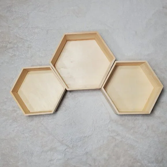 NWT Hexagon Wooden Tray Set Hexagon Wall Shelves Set of 3