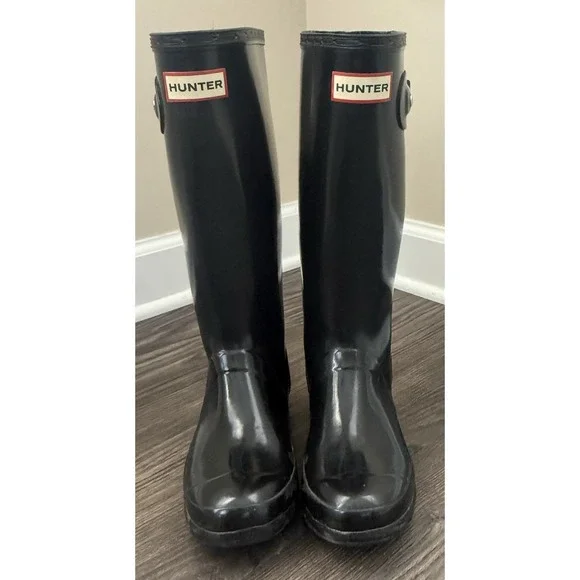 Hunter Original Tall Gloss Rain Boots Black Waterproof Rubber Boys 5 Girls 6