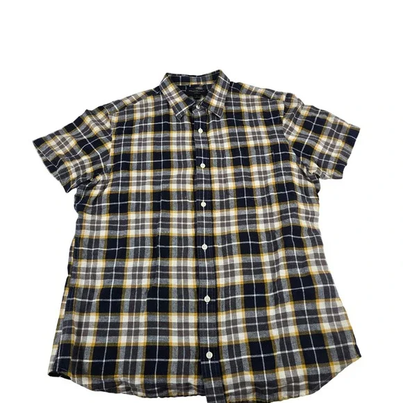 Banana Republic Mens L Linen Plaid Short Sleeve Button Down Shirt Navy‎ Yellow