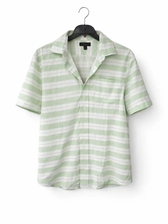 Banana Republic Sage Green White Stripe 100% cotton Short Sleeve Shirt Size L