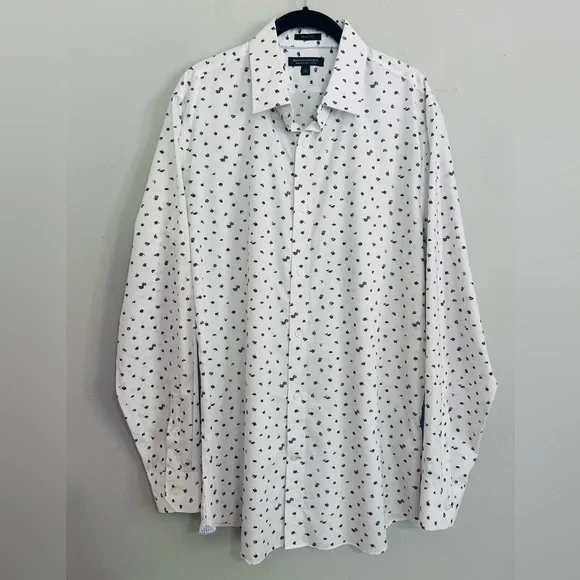Banana Republic Men Slim Fit White Black Floral Non-Iron Cotton Dress Shirt Sz L