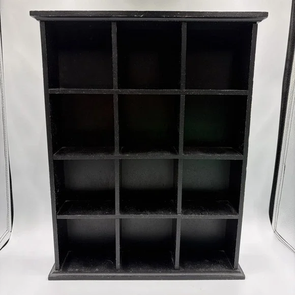 Vtg‎ Wooden Wall Mounted Trinket Shelf 12 Cubby Miniatures Knick Knacks Black