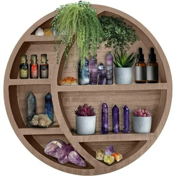 Wooden Moon Wall Shelf Boho Hanging Display Shelf Crystal Storage Decor