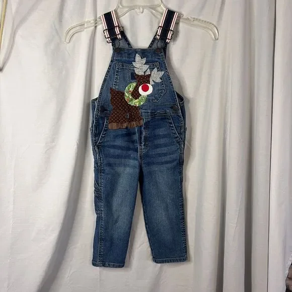 OshKosh denim overall applique Christmas reindeer‎ custom embroidered Unisex 2t