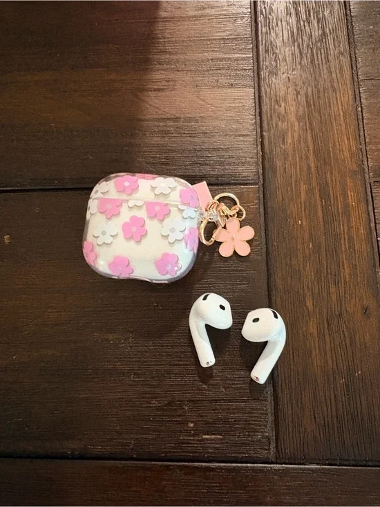 Apple Pink and White Floral Kids AirPods Case with Flower Charm
