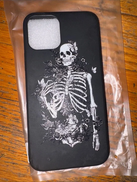 Apple Black iPhone Case with White Skeleton & Floral Artwork