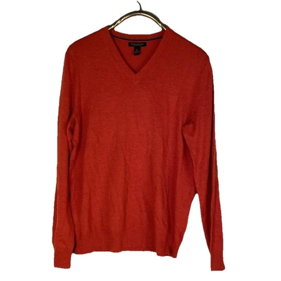 Banana Republic Bright Orange Merino‎ Wool V Neck Stripe Sweater Mens Size L